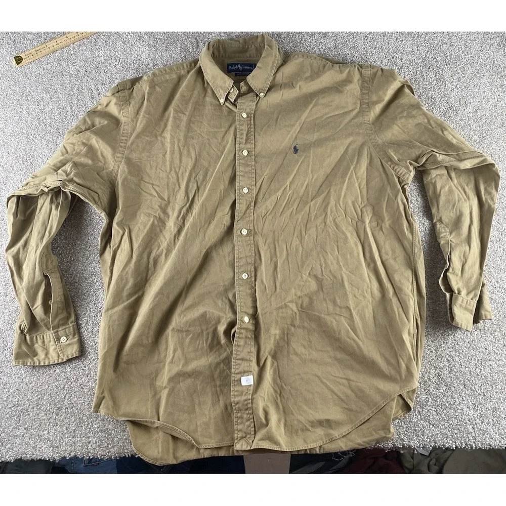 Polo Ralph Lauren Solid Beige Dress Shirt Blue Pony Mens XL Prep Cotton Relaxed